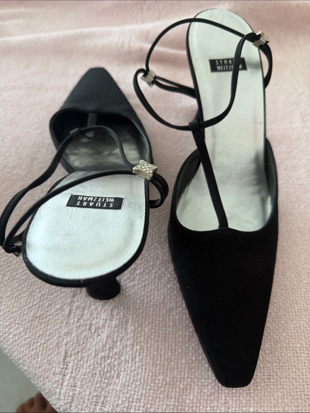 Stuart Weitzman Black Pointed T-Strap Slingback Heels with Rhinestone Accent